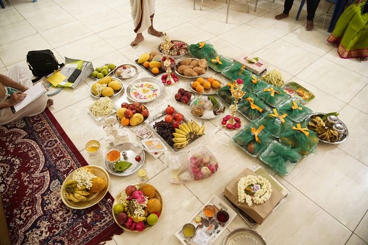 Fruit, flowers and offerings arranged for the ceremony