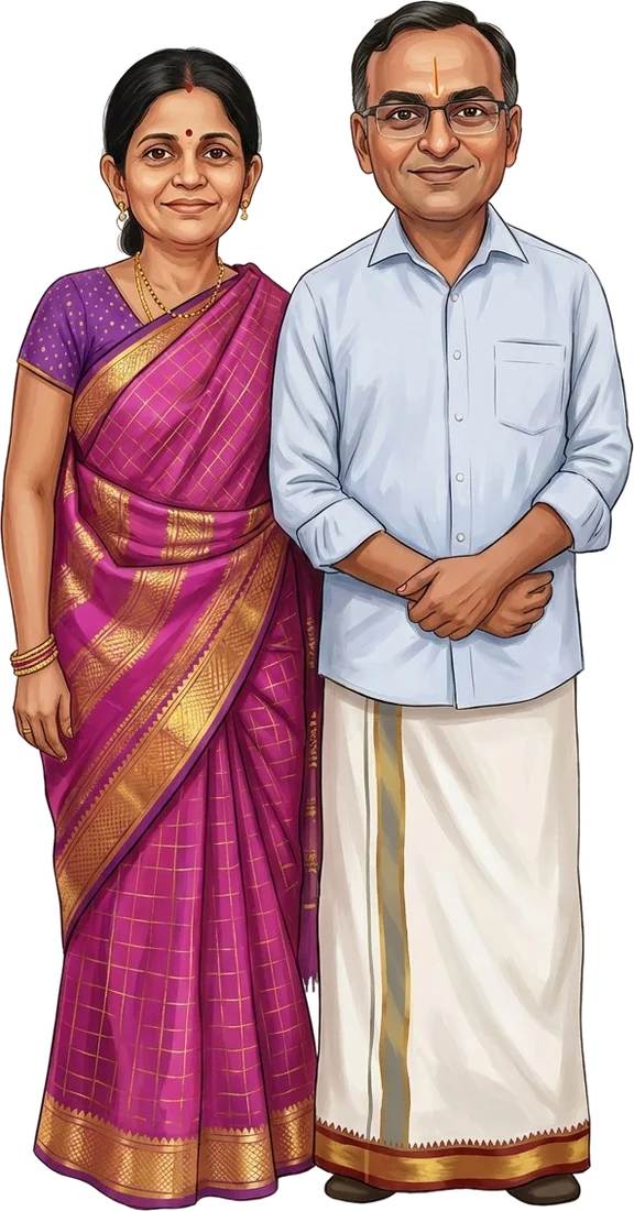 Illustration of the bride's parents, Ananthi Kumar and Kumar Rajagopalan
